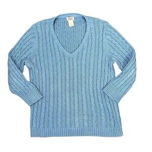 LL Bean Sweater Women Medium‎ M Blue Cable Knit V Neck Cotton Long Sleeve